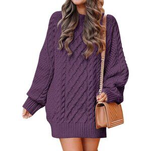 Women Oversized Cable Knit Sweater Purple Chunky Long Sleeve Fall Winter Outfit